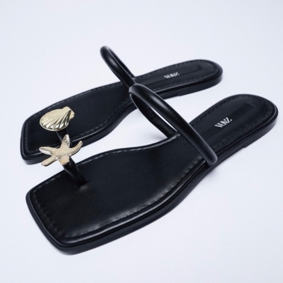 Zara Starfish Seashell Metal Toe Detail Low Heel Sandal